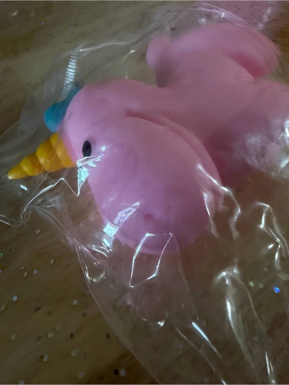 Pink Unicorn Squishy Toy with Yellow Horn and Blue Mane